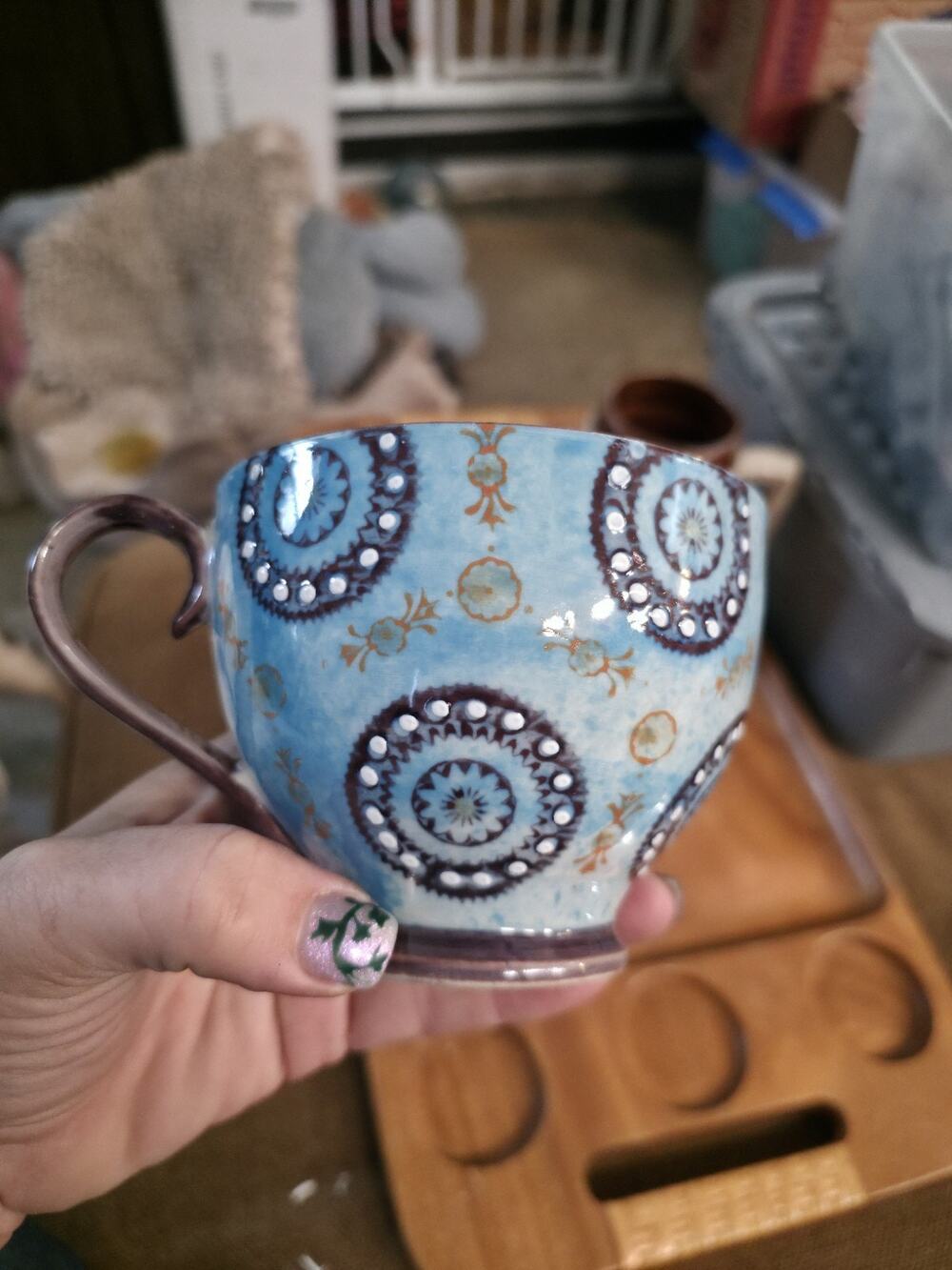 Handmade Folk Art Pottery Mug Blue White Boho Mandala Glaze